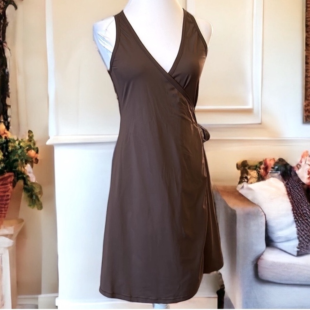 Athleta brown jersey stretch wrap dress sleeveless Womens Sz S